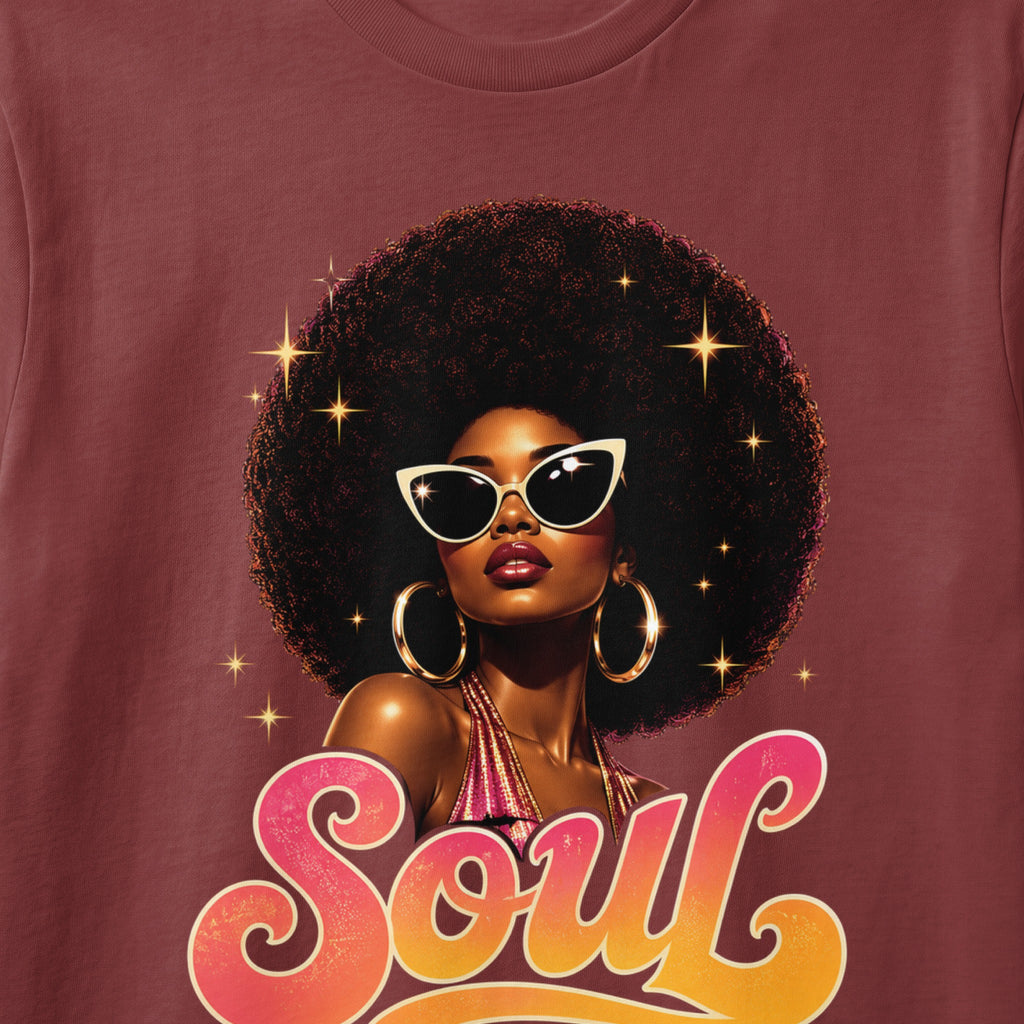Illustration of a woman with an afro, sunglasses, and hoop earrings with the word "Soul."
