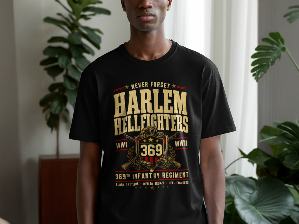Black t-shirt with Harlem Hellfighters 369th Infantry Regiment WWI WWII design.