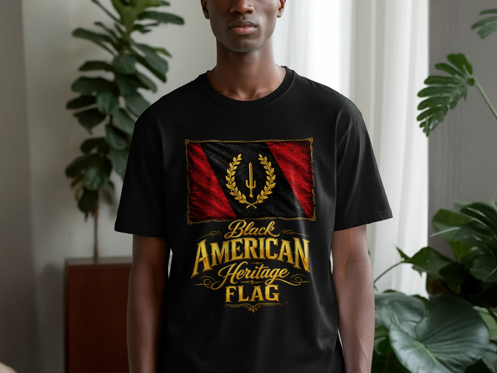 Black t-shirt with a distressed flag design and "Black American Heritage Flag" text.