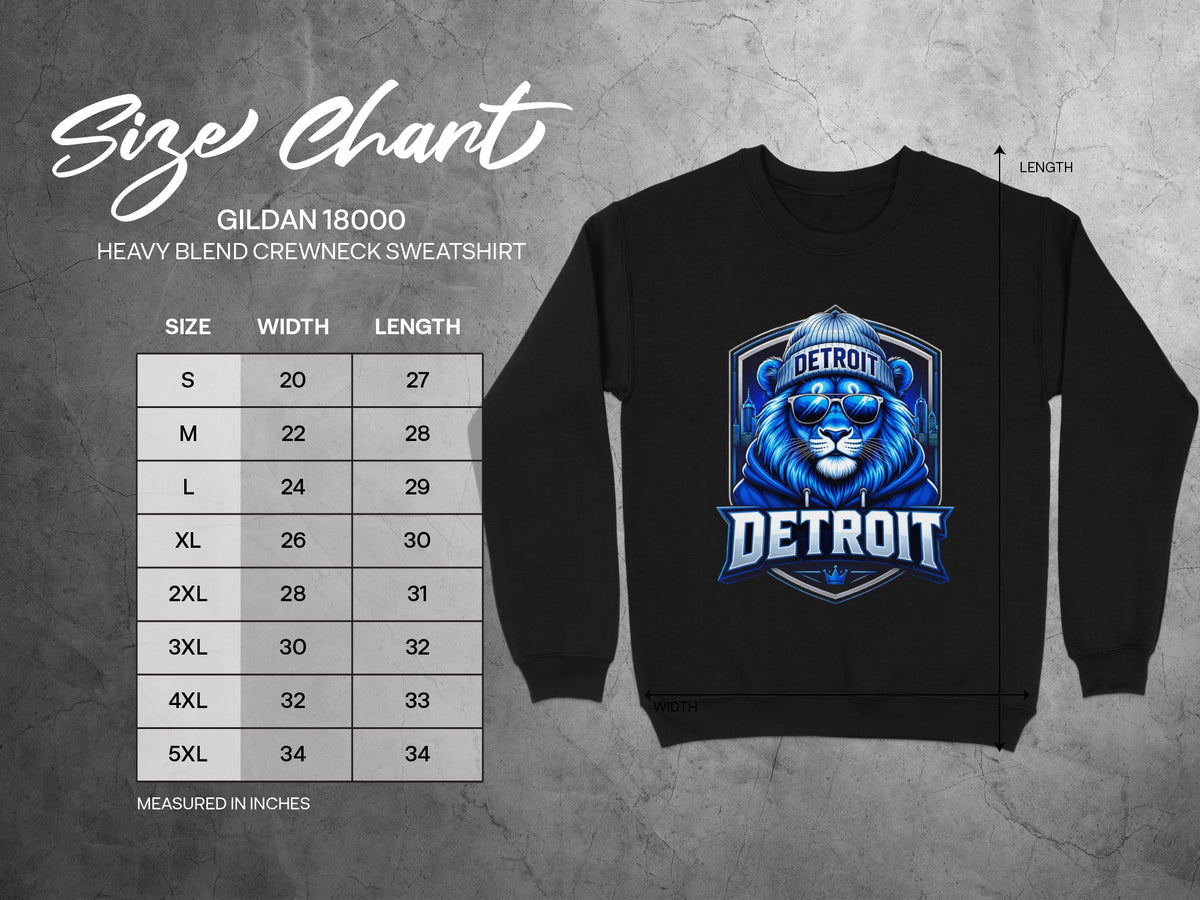 Gildan 18000 Heavy Blend sweatshirt size chart with Detroit lion graphic.