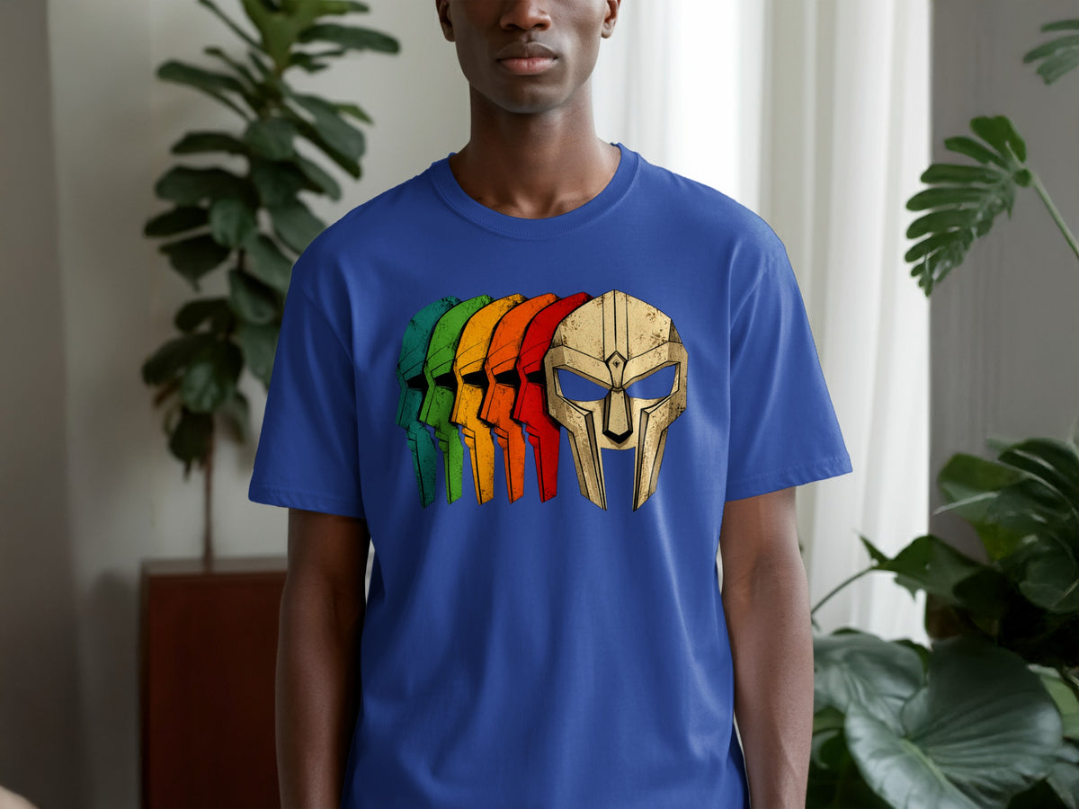 Blue t-shirt with a faded rainbow row of masks graphic.