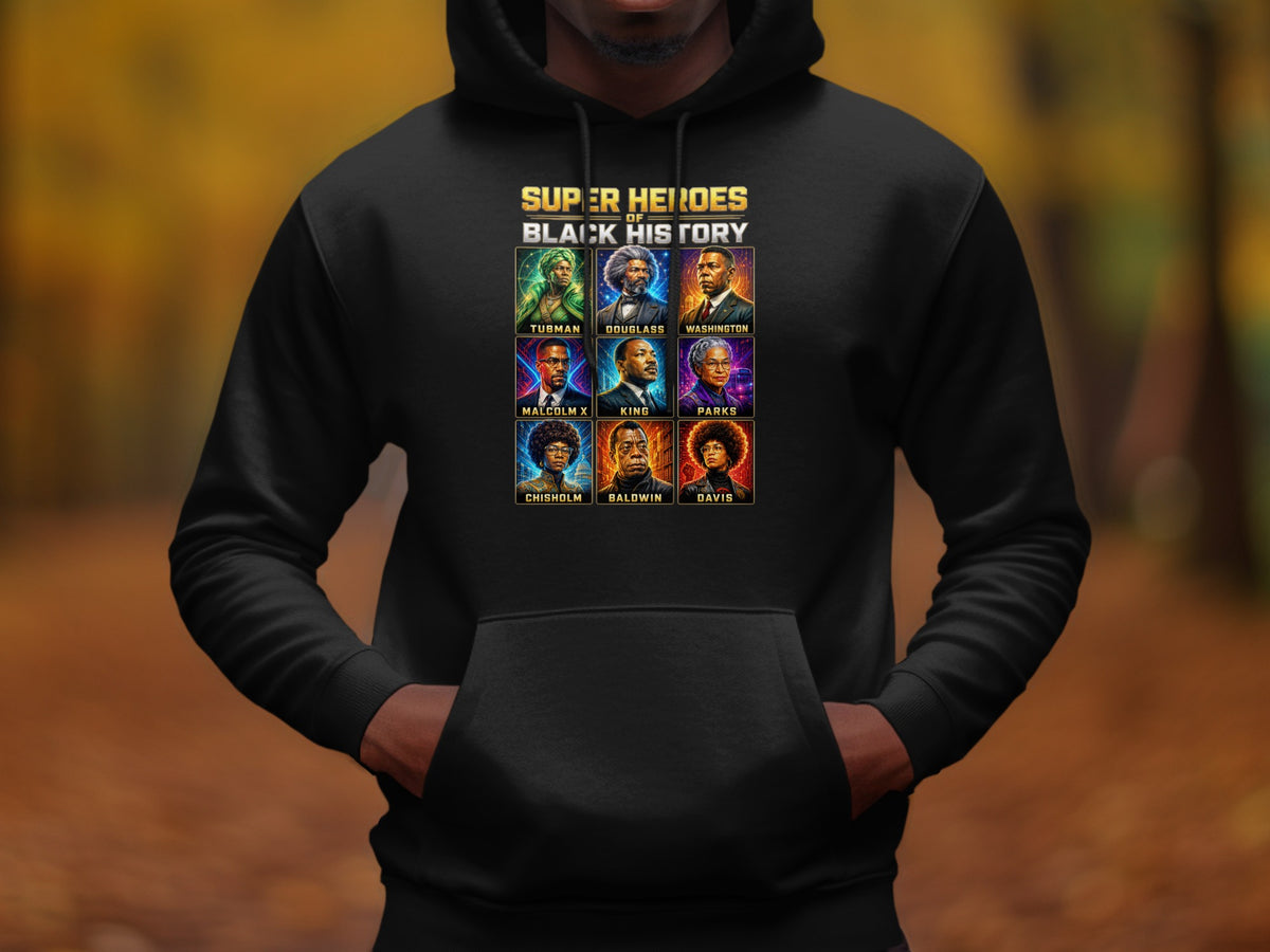 Black hoodie with "Super Heroes of Black History" text and portraits of nine historical figures.