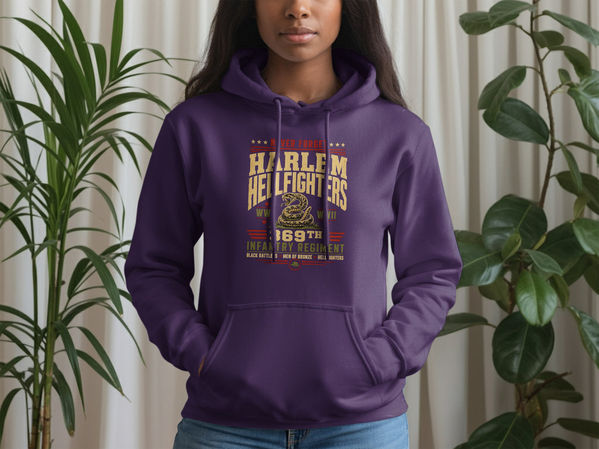 Purple hoodie with Harlem Hellfighters 169th Infantry Regiment graphic.