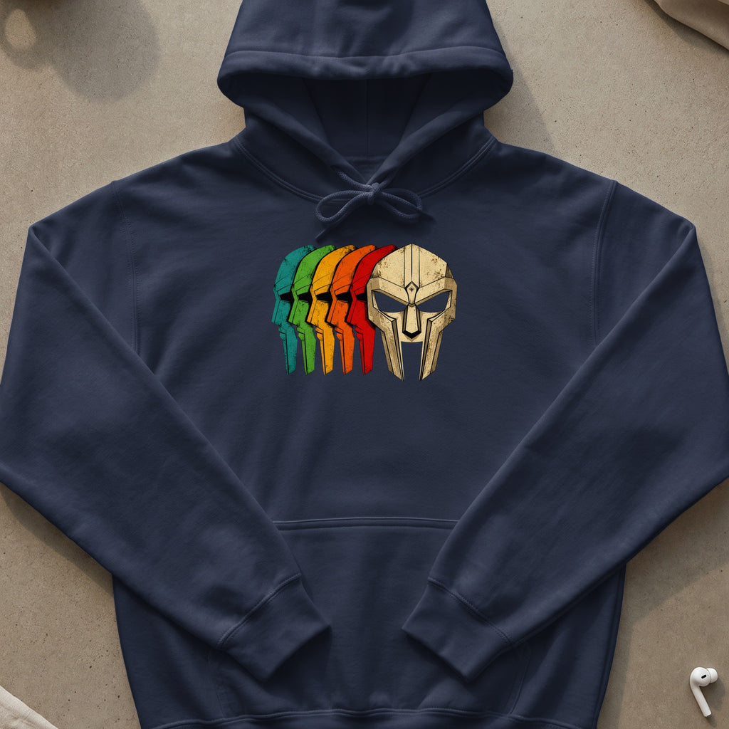 Navy hoodie with a graphic of five stylized masks in a rainbow color gradient.