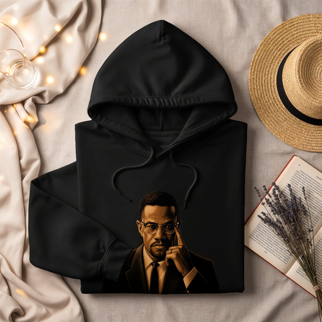 Black hoodie with a portrait of Malcolm X printed on the front.