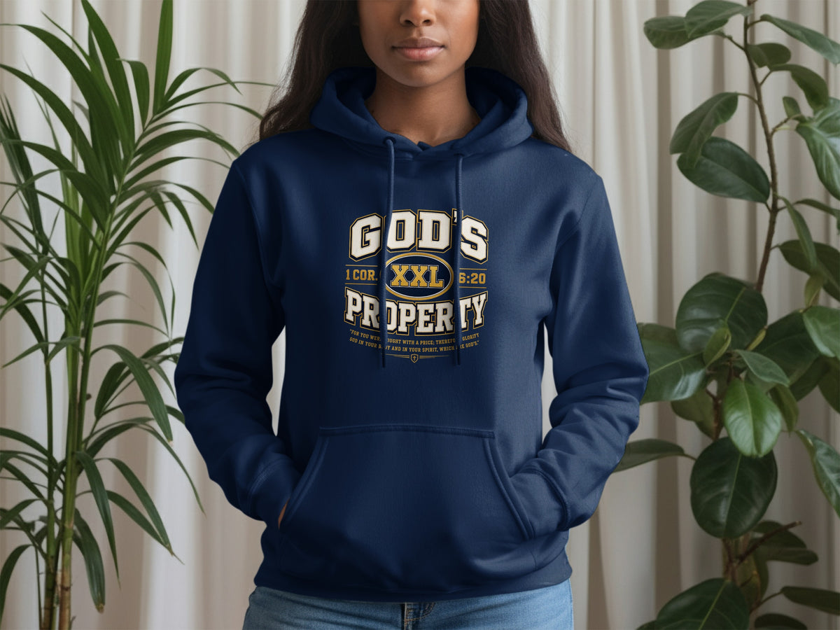 Dark blue hoodie with "God's Property" and Bible verse in gold and white lettering.