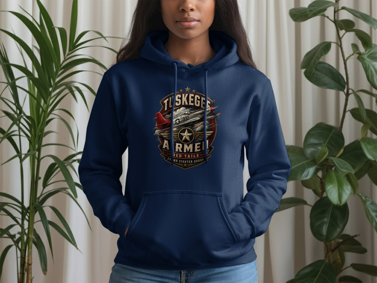Navy blue hoodie with Tuskegee Airmen Red Tails 33rd Fighter Group graphic.