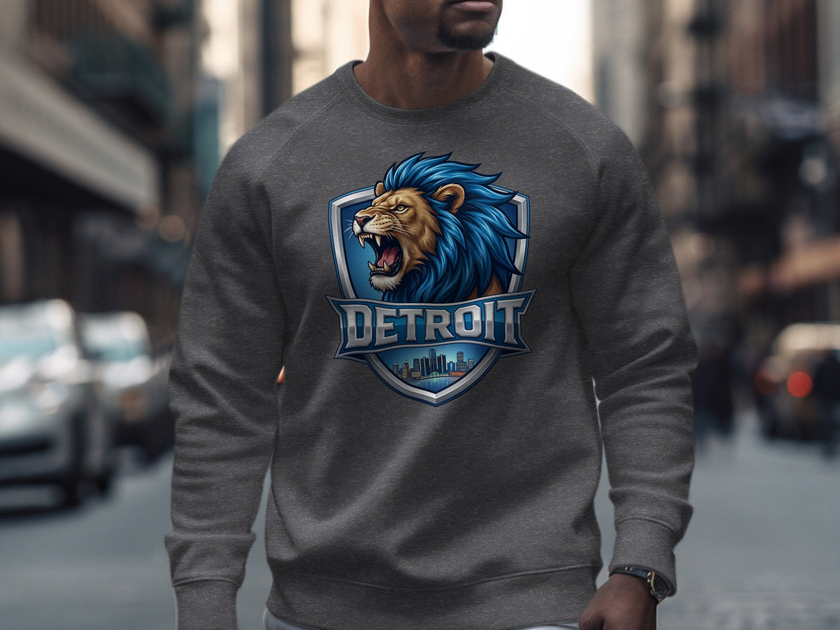 Grey sweatshirt with roaring lion and Detroit skyline logo on chest