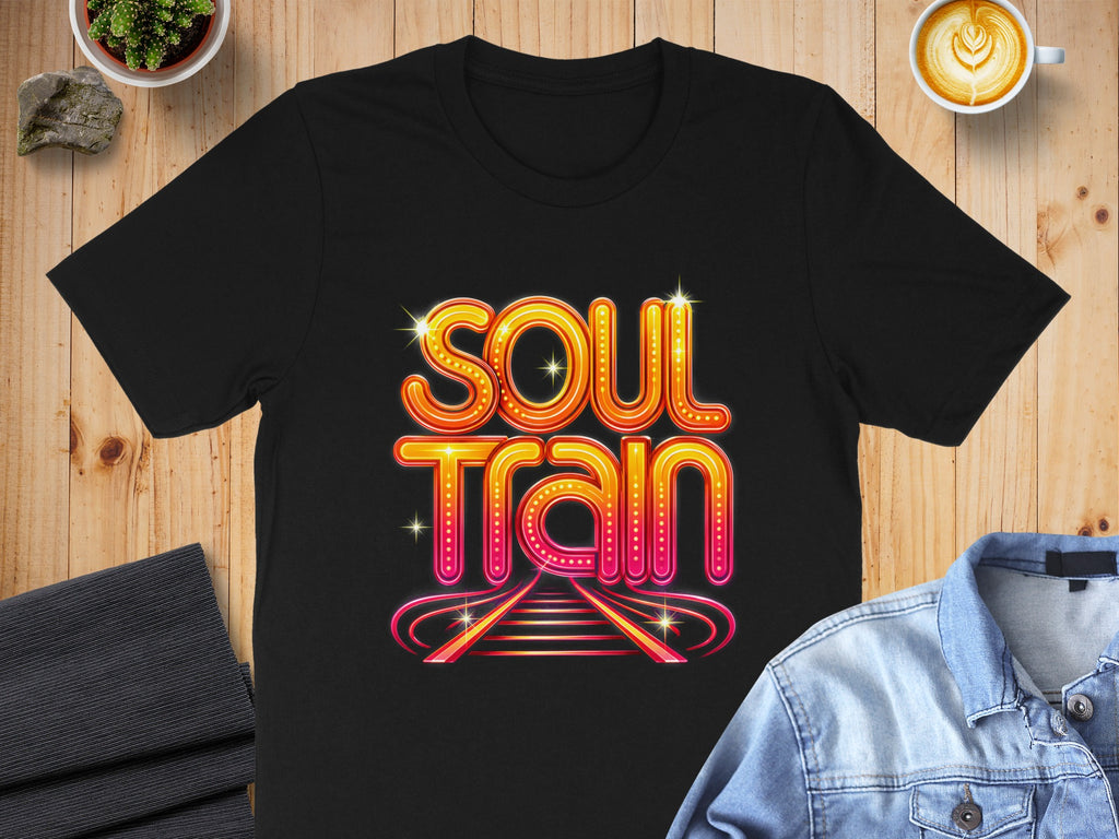Black t-shirt with colorful "Soul Train" text and railroad tracks design.