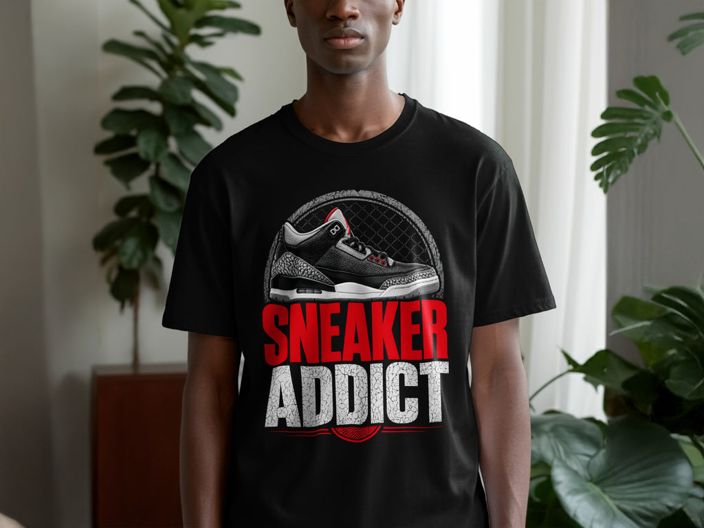Black t-shirt with graphic of a sneaker and text "SNEAKER ADDICT".