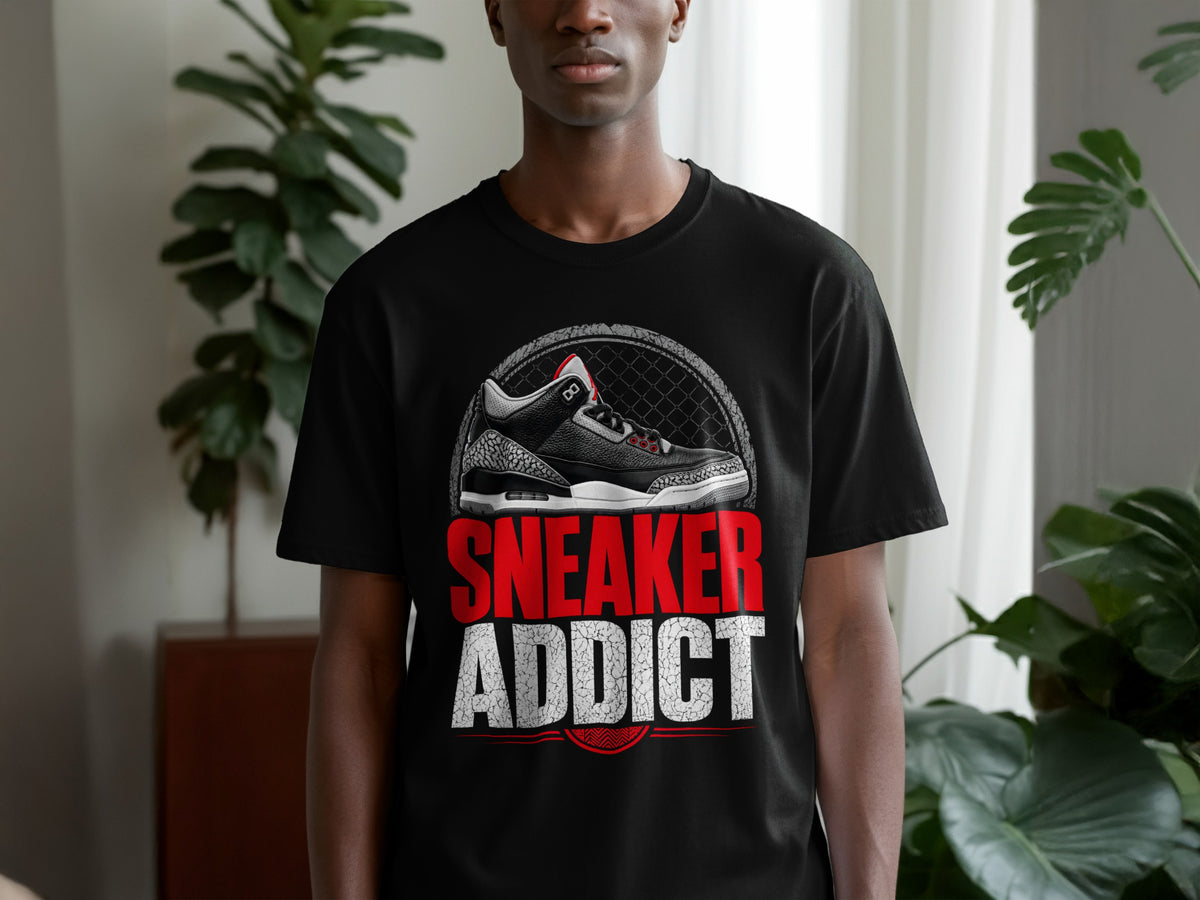 Black t-shirt with graphic of a sneaker and text "SNEAKER ADDICT".