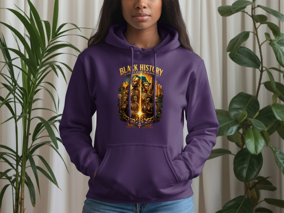 Purple hoodie featuring "Black History Didn't Start in Slavery" text and Egyptian-inspired artwork.