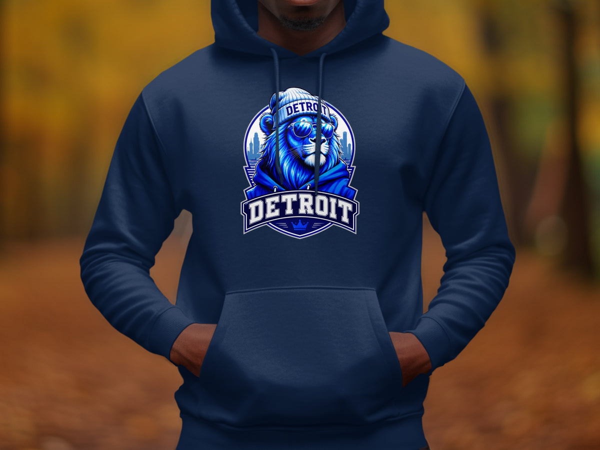 Navy hoodie with a blue lion graphic wearing sunglasses and a beanie with "DETROIT" text.