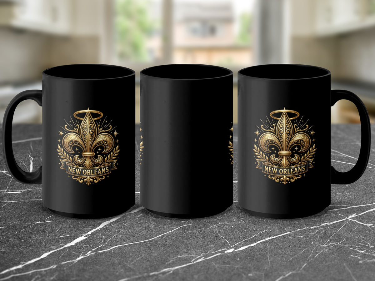 Three black mugs with gold fleur-de-lis emblem and "New Orleans" text.