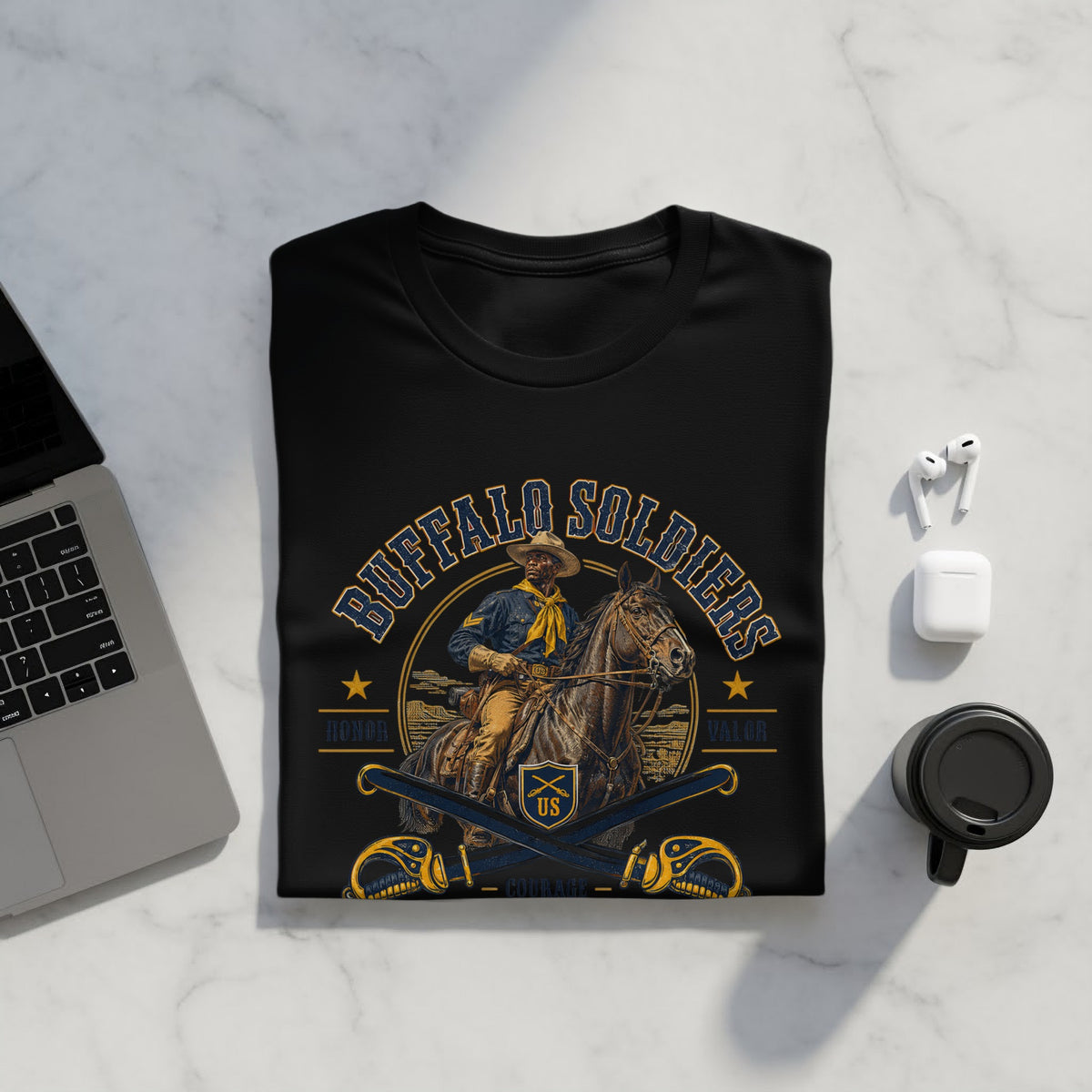 Black t-shirt with Buffalo Soldiers graphic featuring a rider on a horse and crossed sabers.