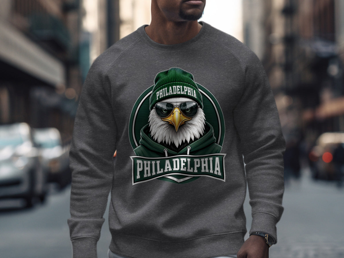Eagle wearing beanie and sunglasses with "PHILADELPHIA" text on sweatshirt.