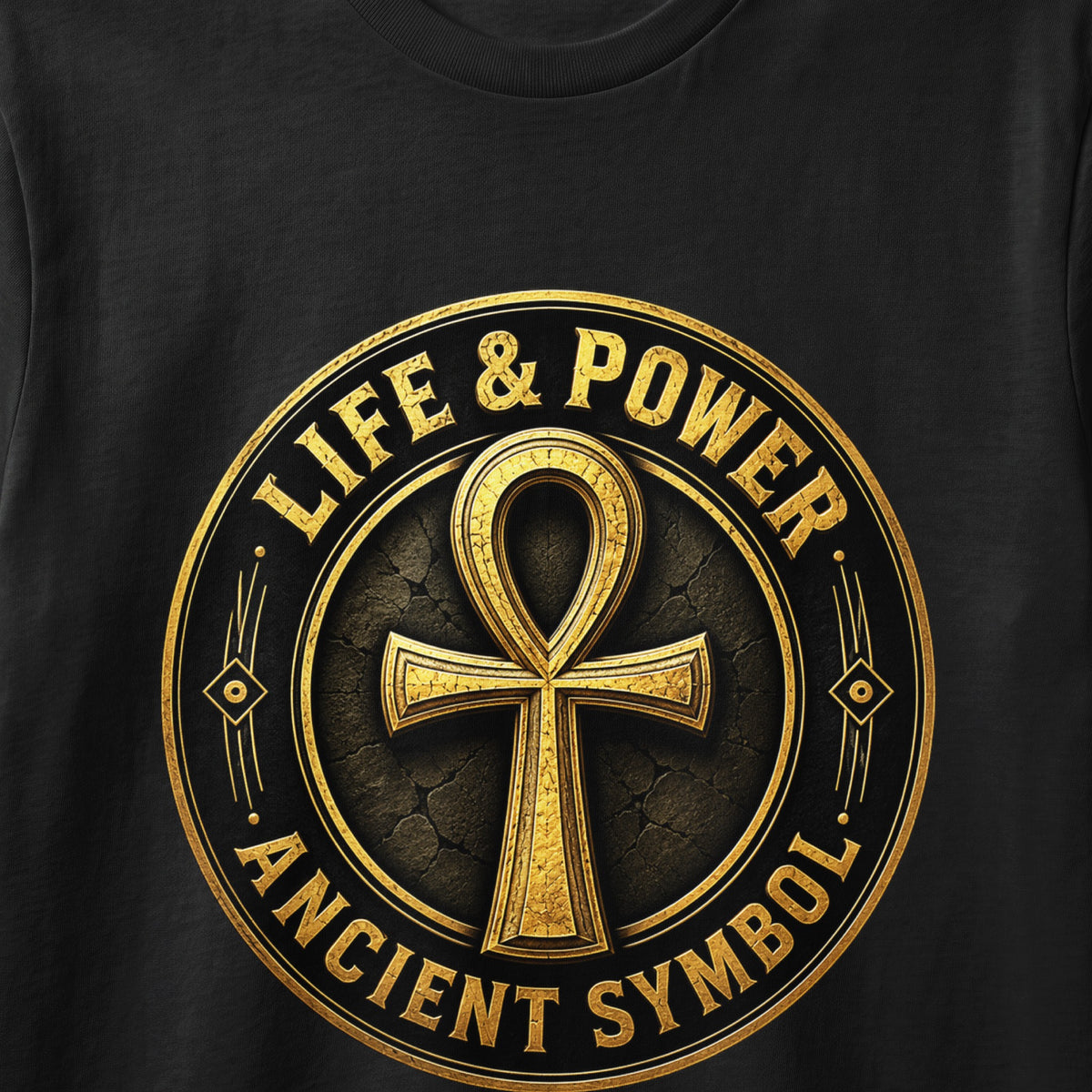 Gold ankh symbol on black t-shirt with text "LIFE & POWER ANCIENT SYMBOL".