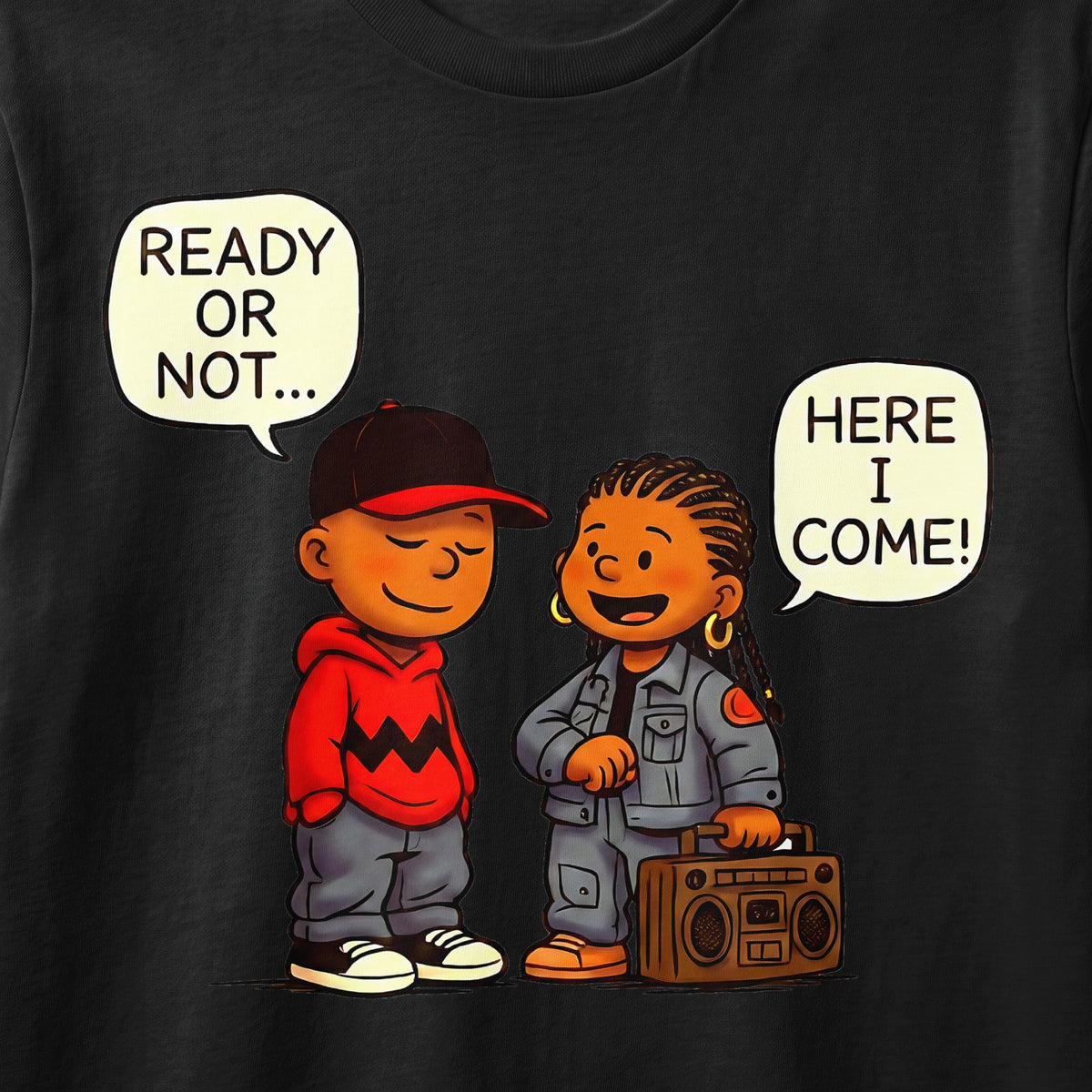 Two cartoon children, one with a red hoodie and cap, the other with a boombox, talk.