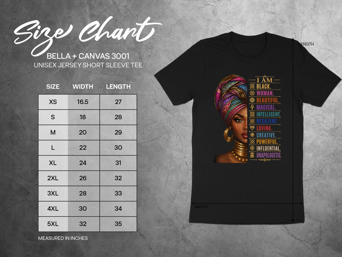 Size chart for Bella + Canvas 3001 unisex tee with measurements in inches.
