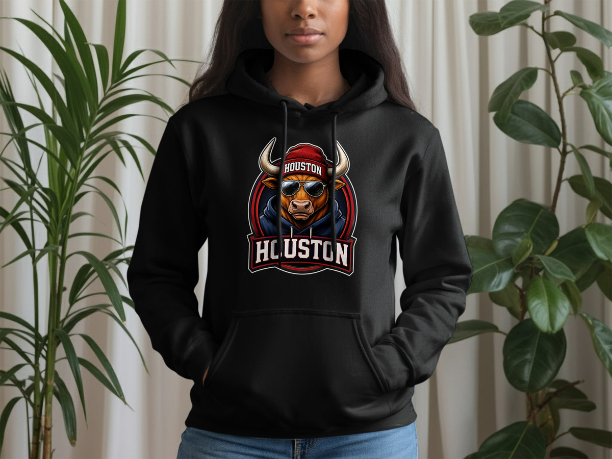 Black hoodie featuring a bull wearing a red beanie and sunglasses with "Houston" text.