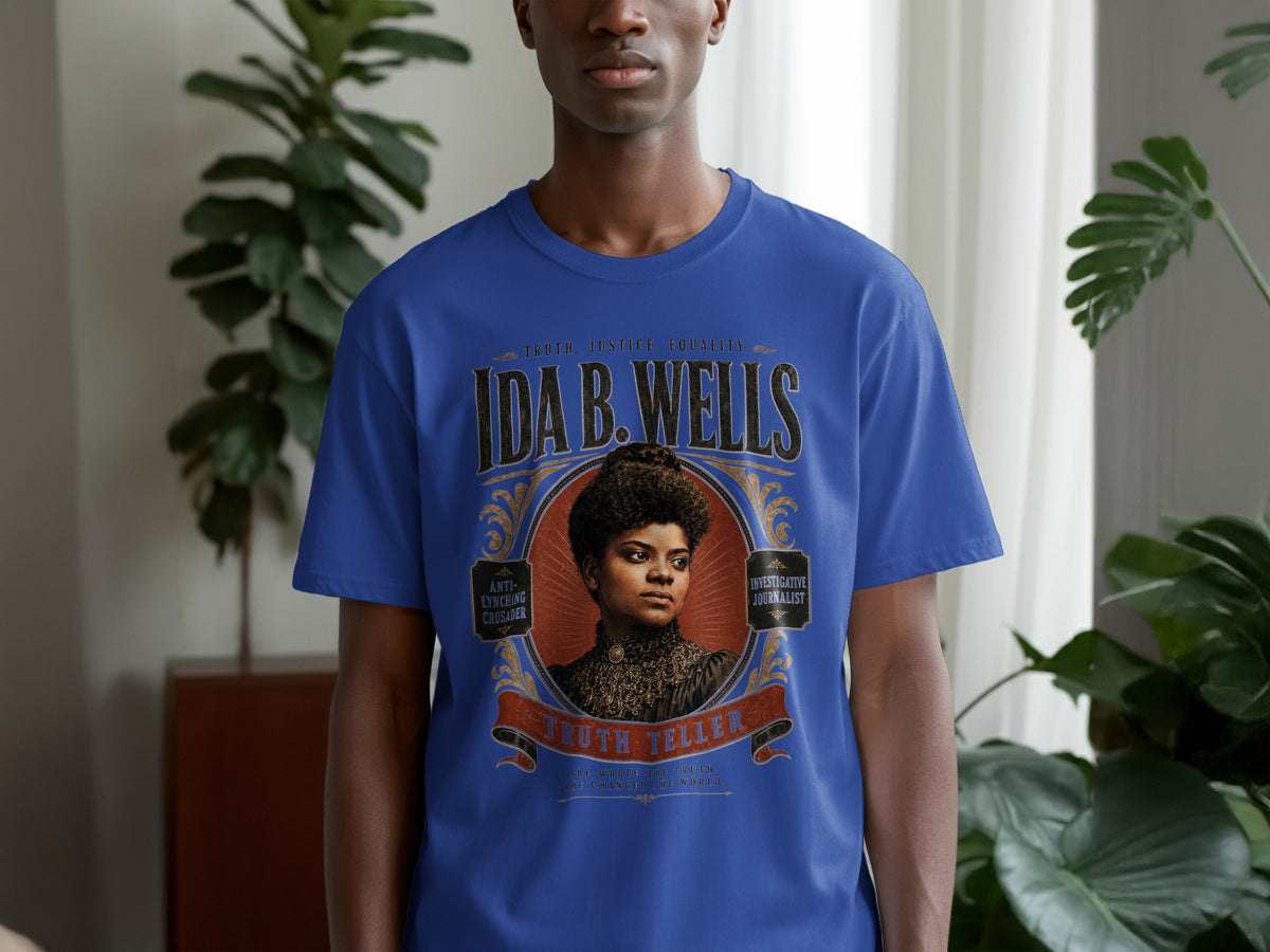 Blue t-shirt with Ida B. Wells graphic, "Truth Teller," and "Investigative Journalist."