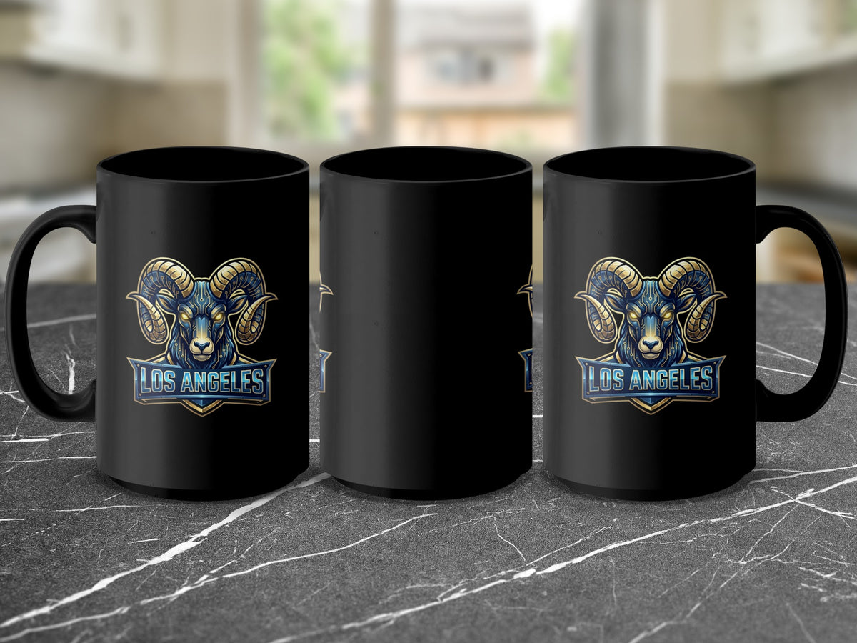 Black mug with Los Angeles Rams logo featuring a blue and gold ram head.