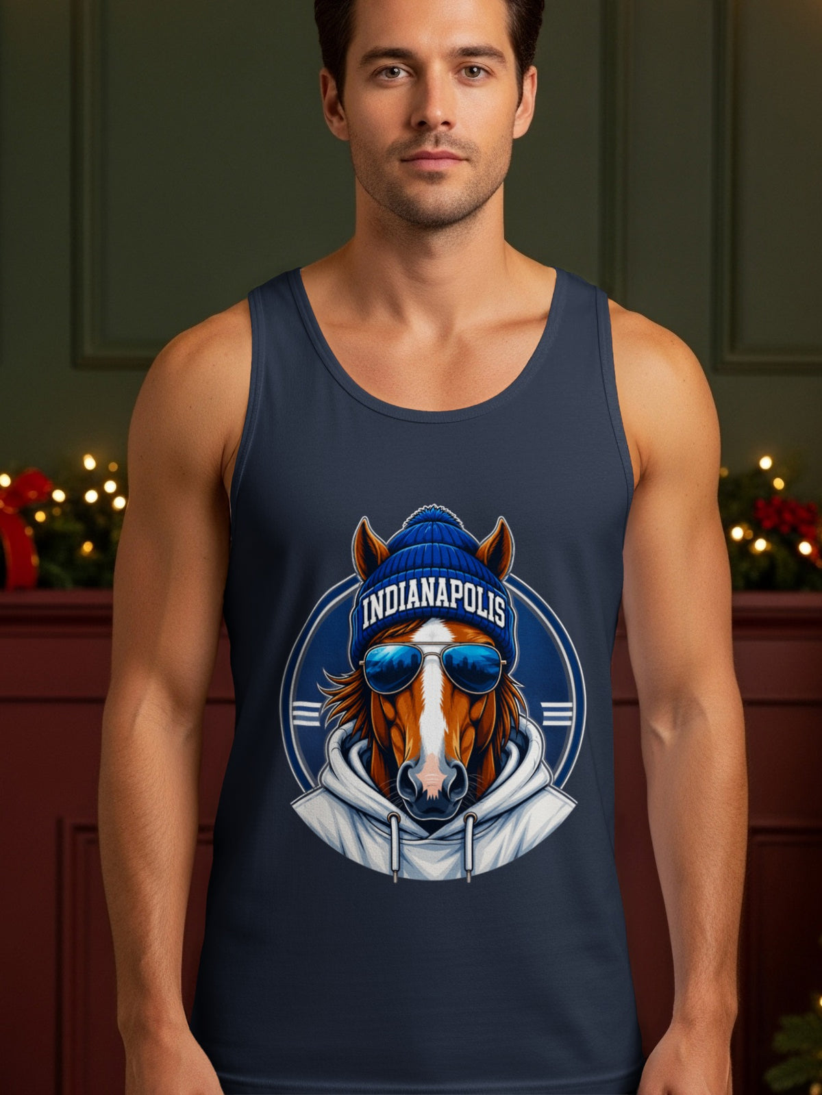 Horse wearing sunglasses and "Indianapolis" beanie on navy tank top.