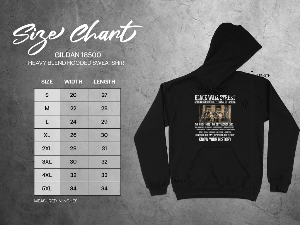 Gildan 18500 heavy blend hooded sweatshirt size chart with width and length measurements in inches.