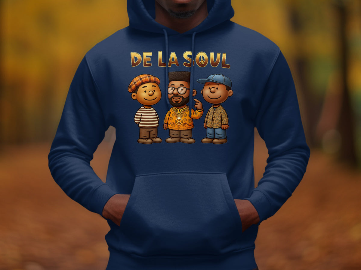 De La Soul logo with three cartoon figures in distinct outfits on a navy hoodie.