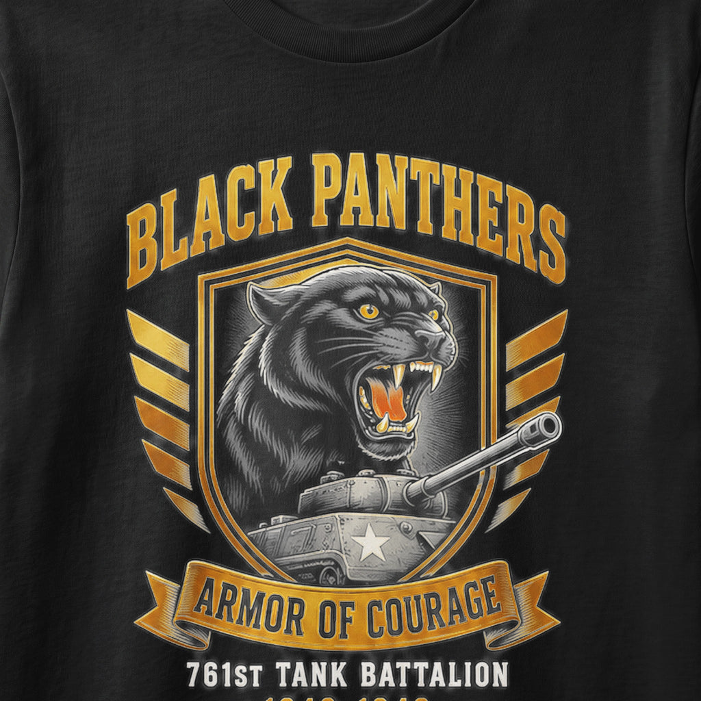 Black Panthers and 761st Tank Battalion logo with tank and panther on black shirt.