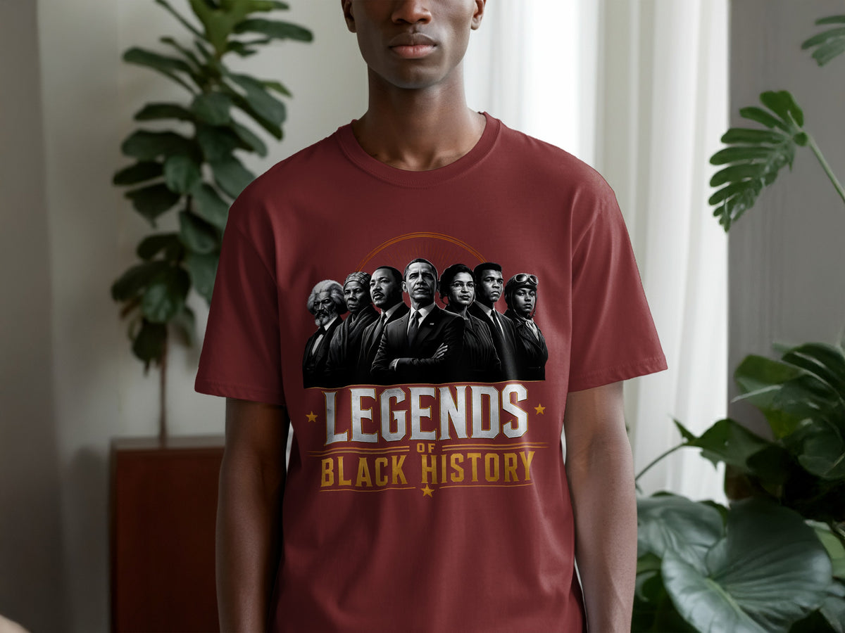 T-shirt featuring "Legends of Black History" with portraits of prominent Black figures.