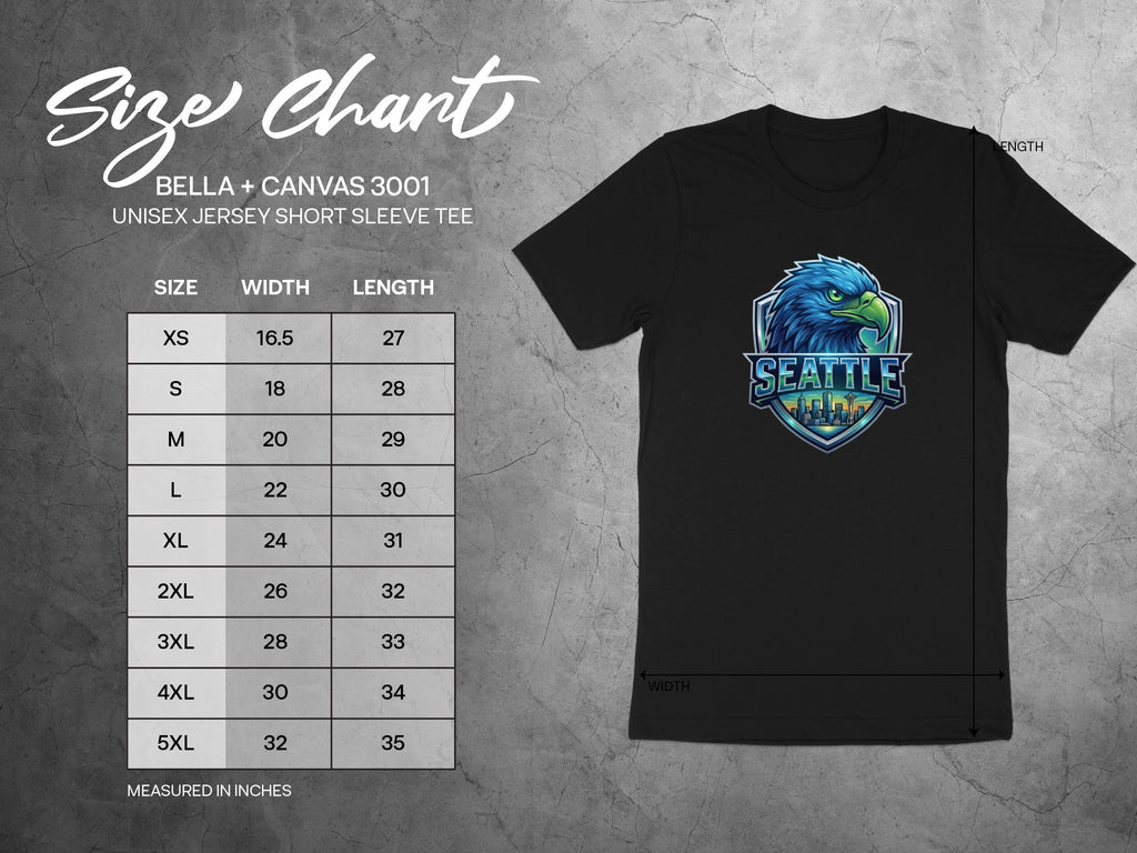 Seattle graphic t-shirt size chart for Bella + Canvas 3001 unisex jersey tee.