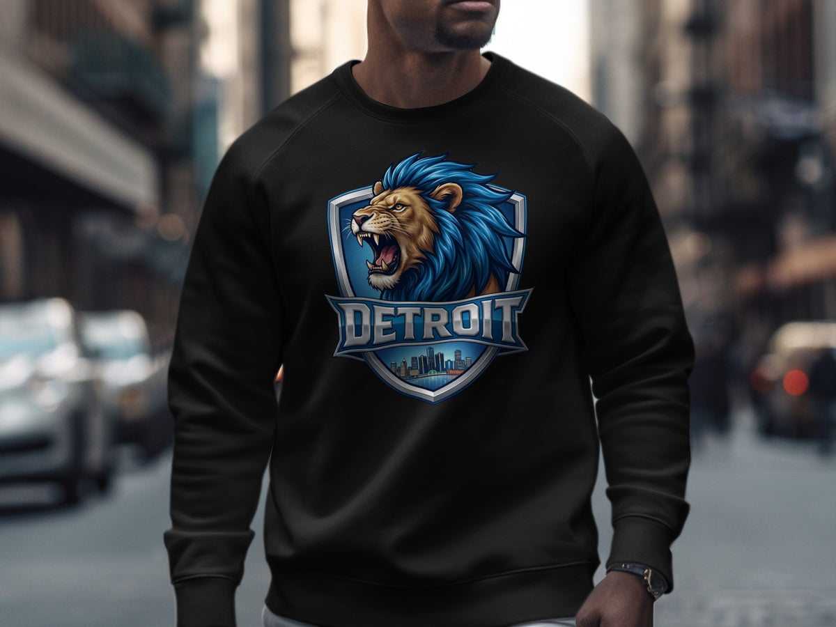 Black sweatshirt featuring a Detroit lion crest logo with a city skyline.