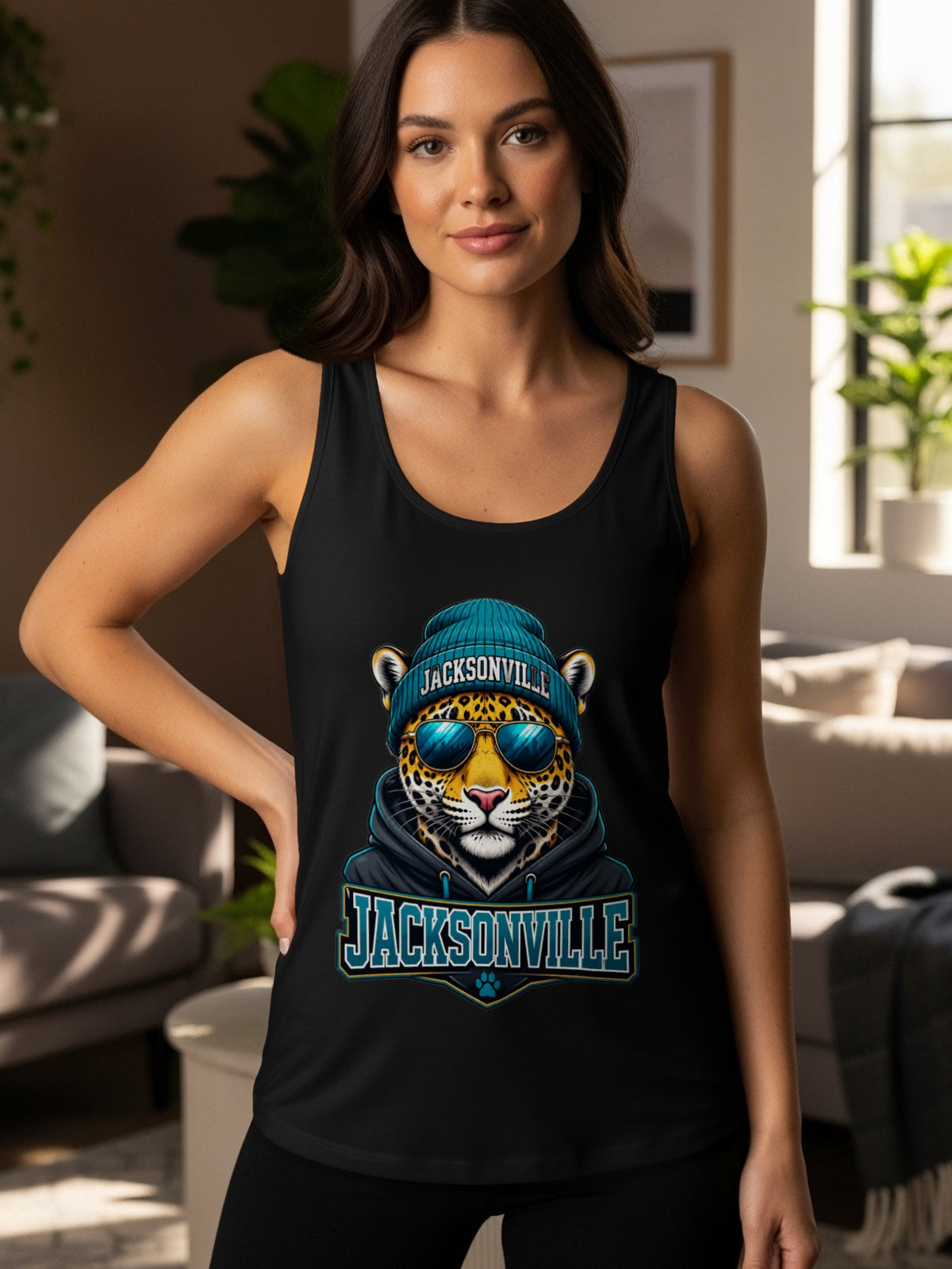 Black tank top with a graphic of a leopard wearing a beanie and sunglasses, with "JACKSONVILLE" text.