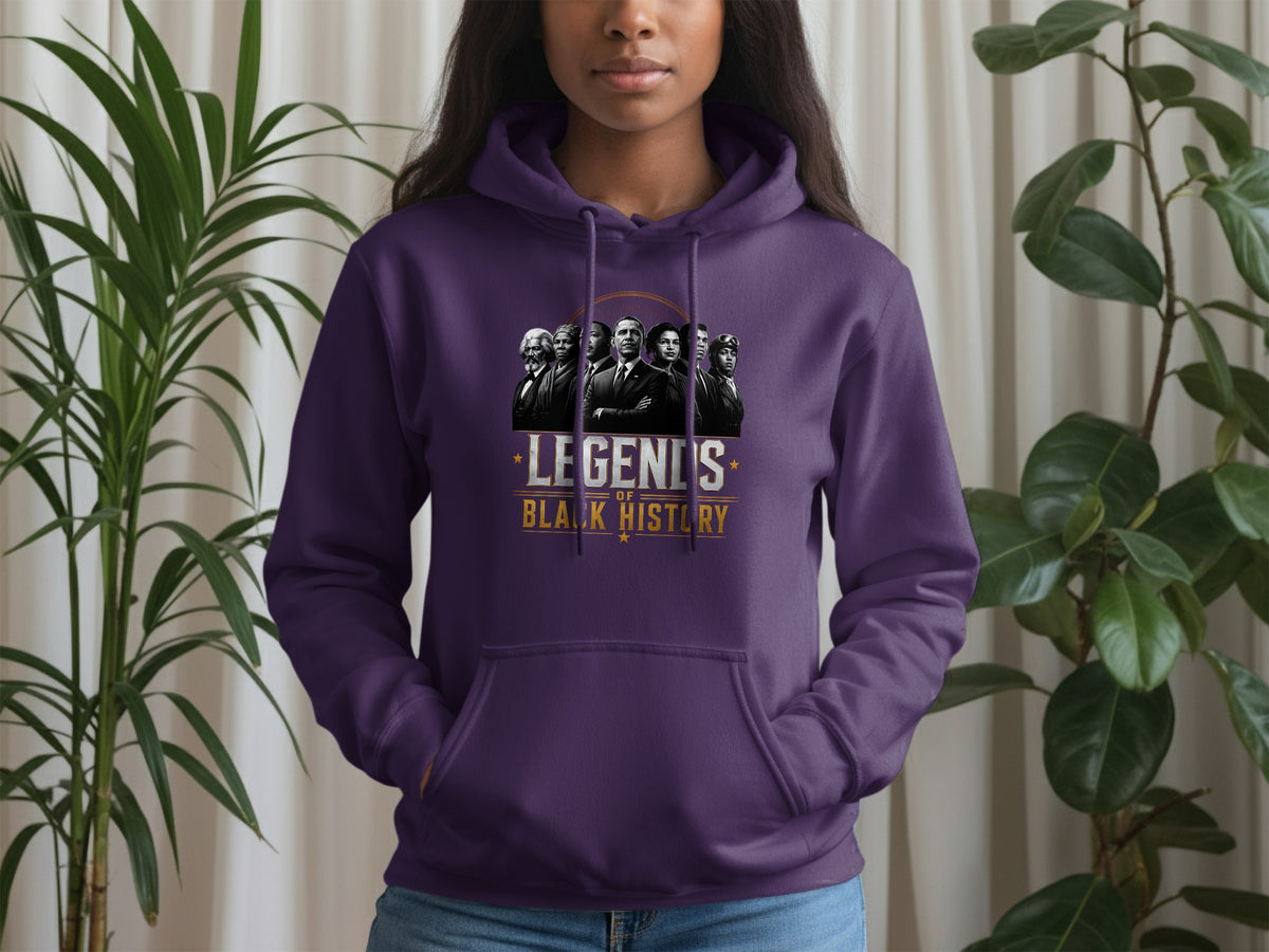 Purple hoodie featuring "Legends of Black History" graphic with portraits.