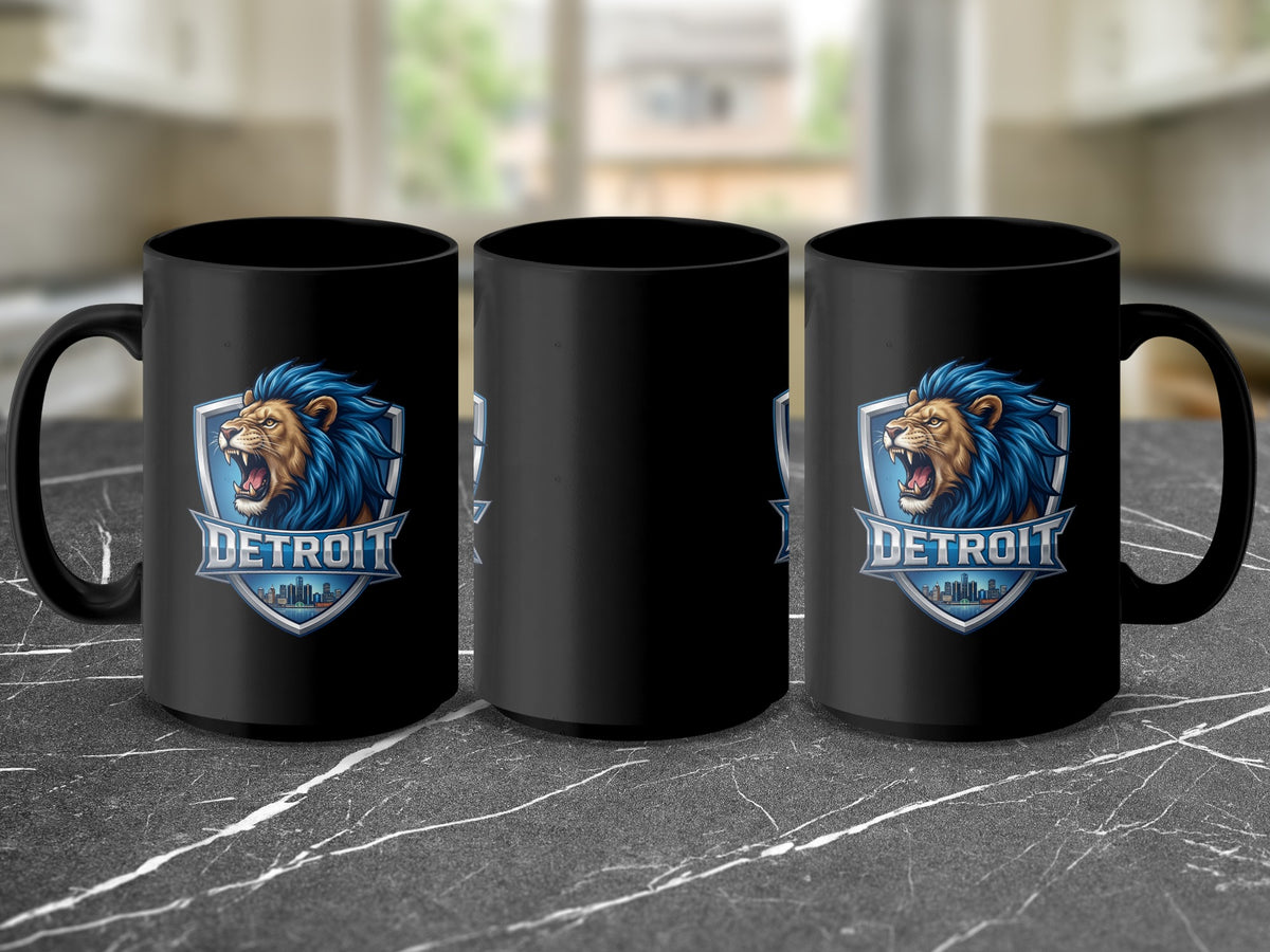Three black mugs with a Detroit lion crest logo on the front.
