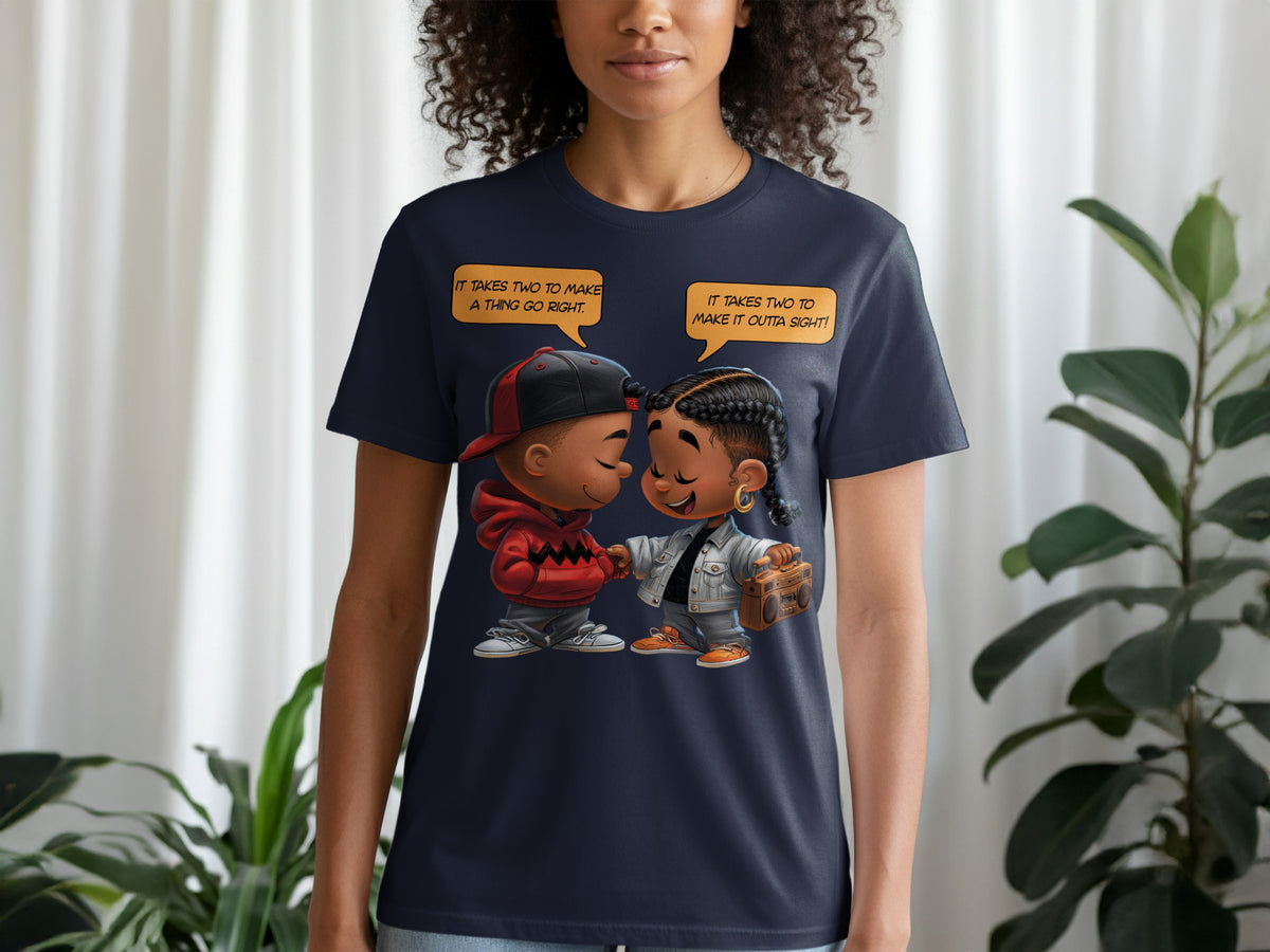 Cartoon children on navy t-shirt: "It takes two to make a thing go right."