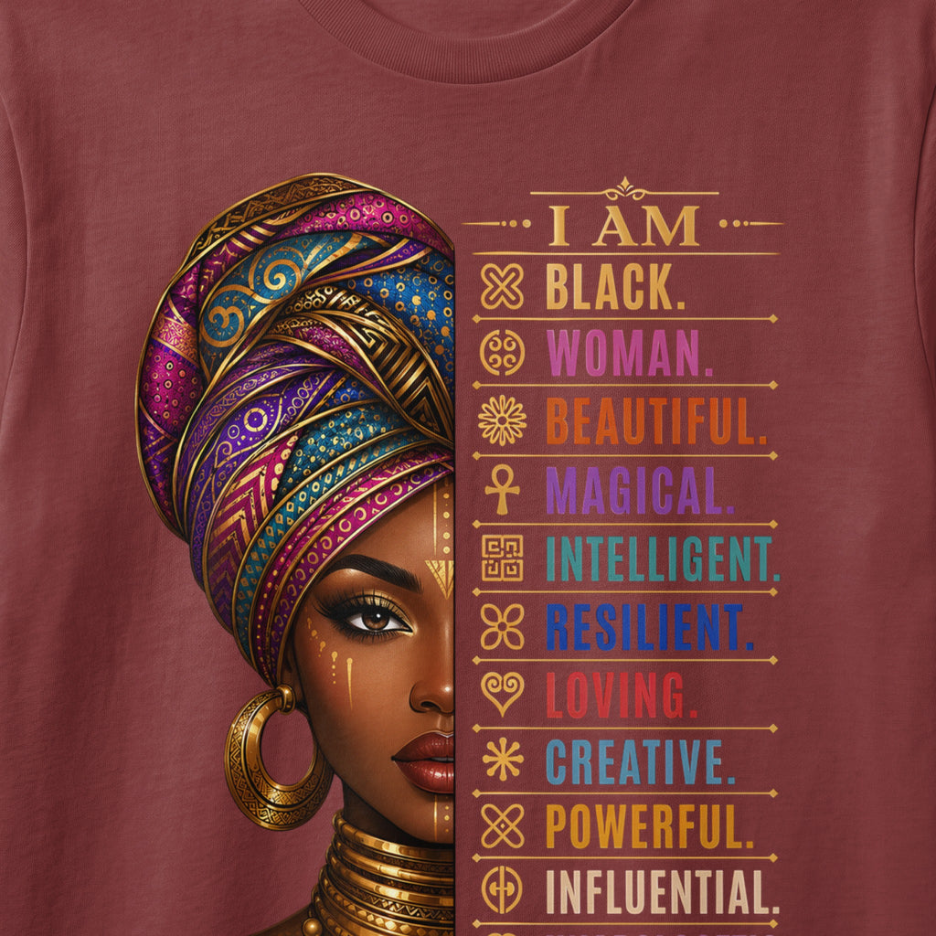 Portrait of a Black woman wearing a vibrant headwrap and gold jewelry, with text listing attributes.