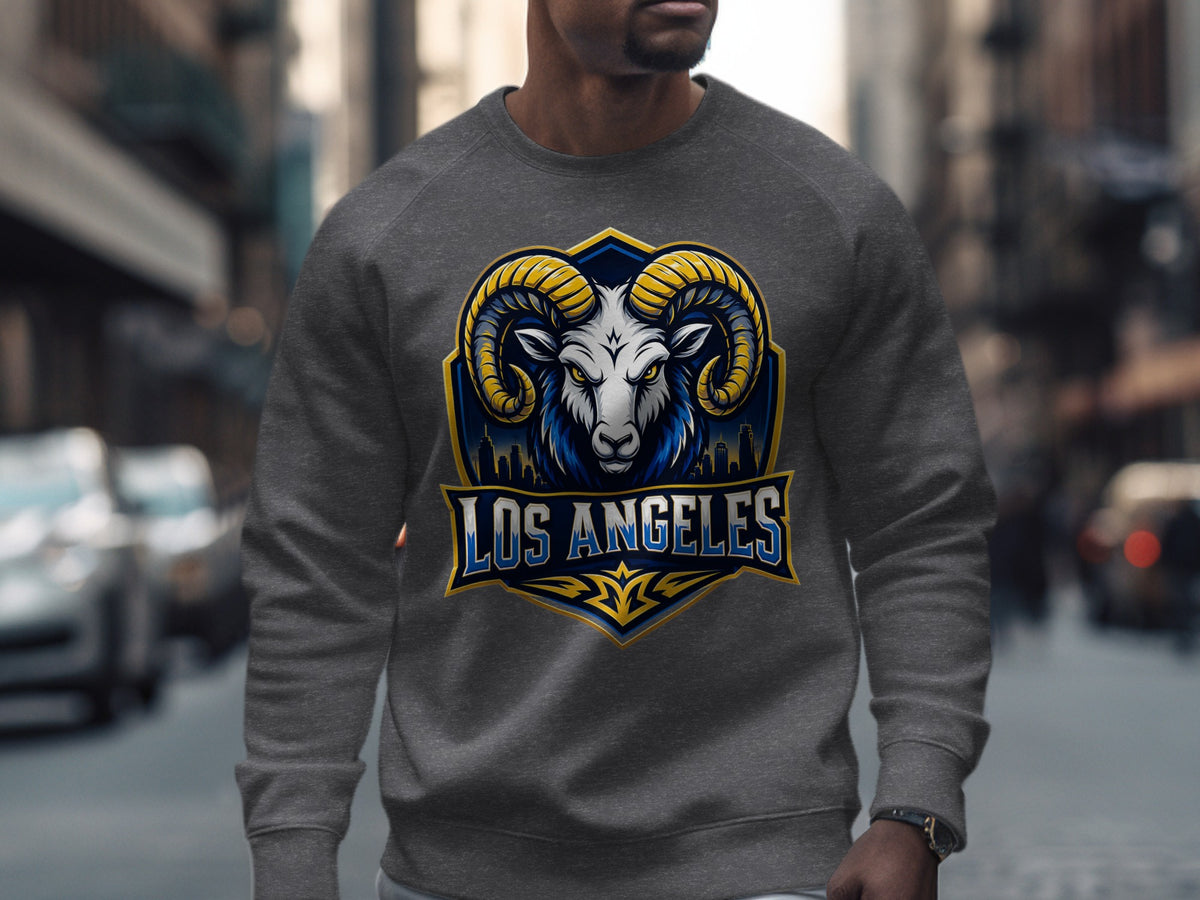 Gray sweatshirt with a Los Angeles rams logo on the chest.
