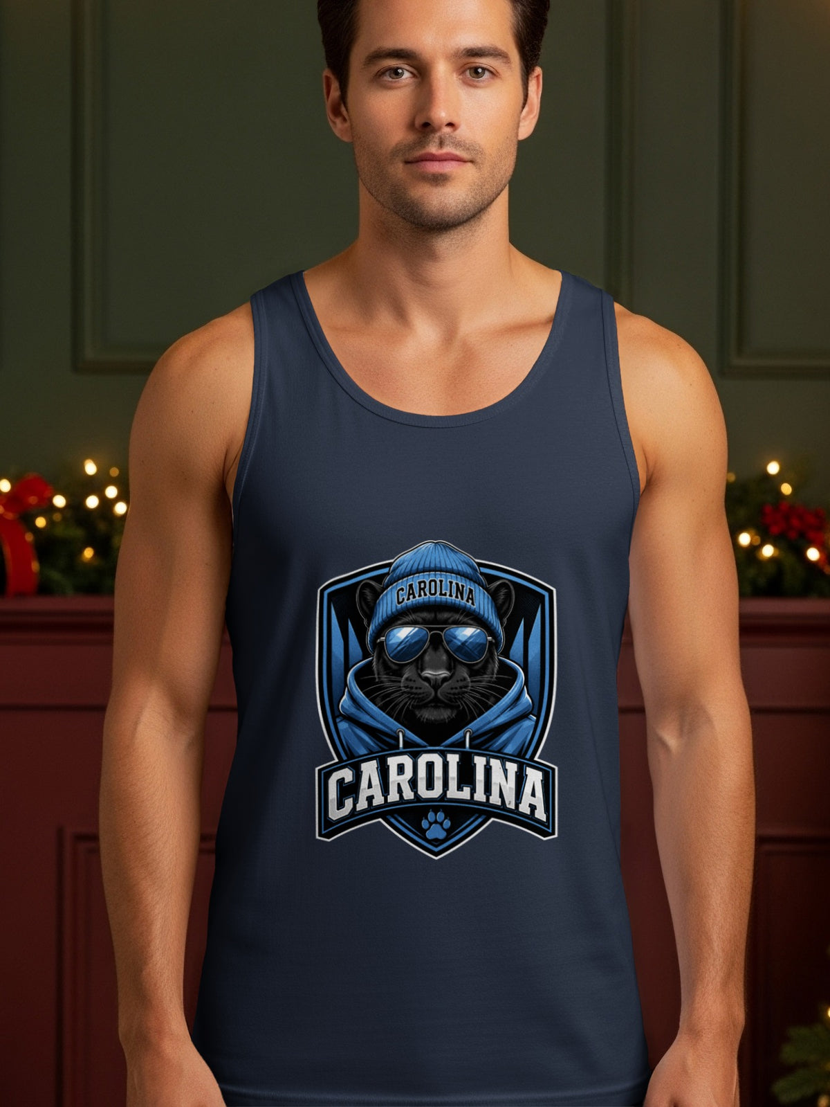 Navy tank top with Carolina panther graphic wearing sunglasses and beanie.