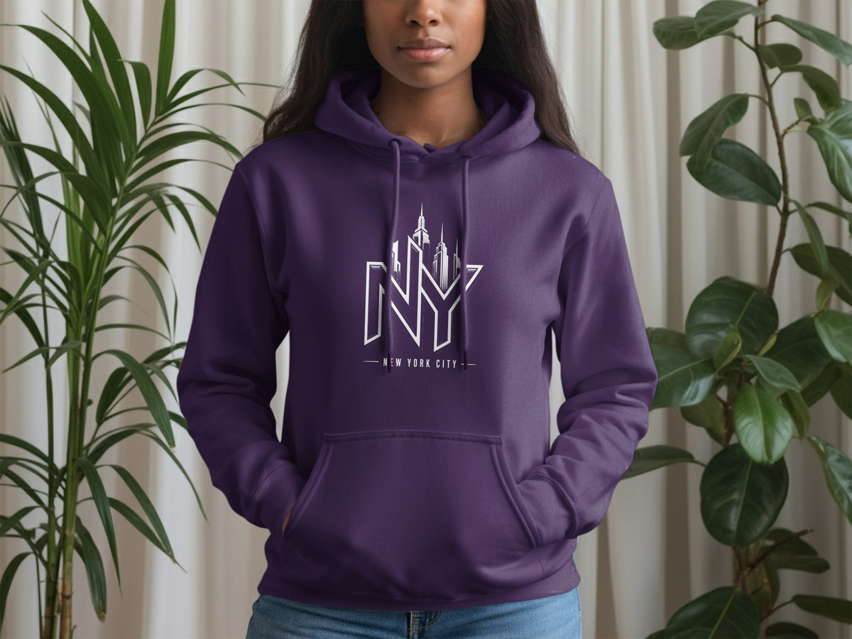 Purple hoodie with white "NY" and "New York City" skyline graphic.