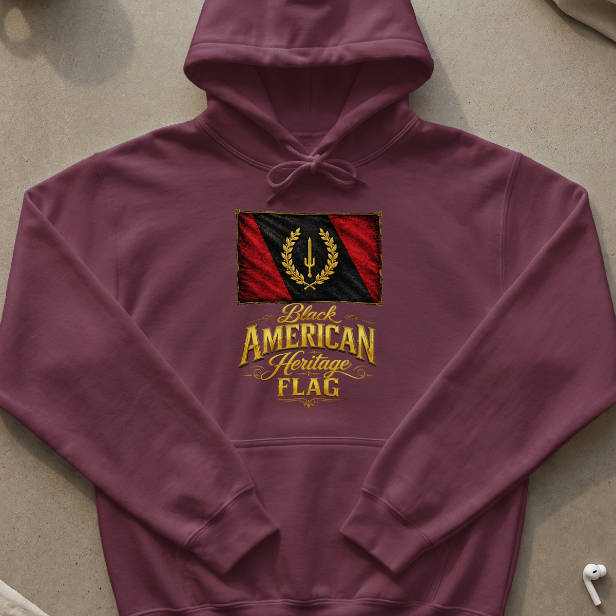 Maroon hoodie with Black American Heritage Flag design on chest.