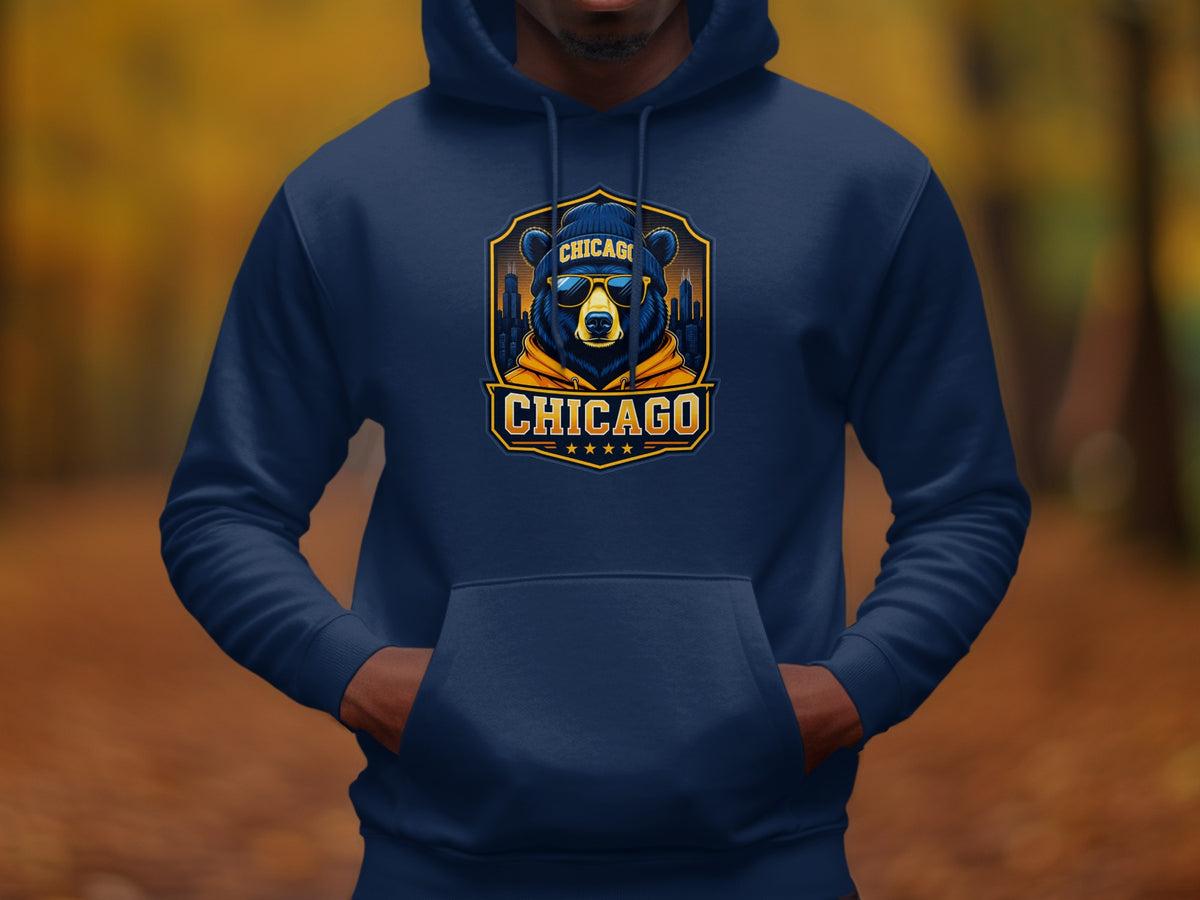 Navy hoodie with a distressed Chicago bear graphic featuring skyscrapers.