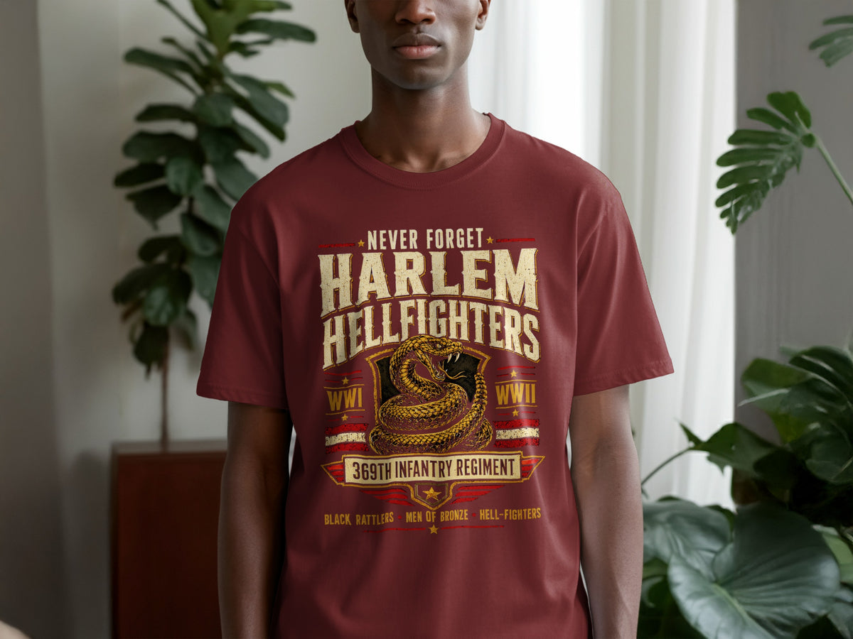 Maroon t-shirt with Harlem Hellfighters graphic, featuring snake and text.