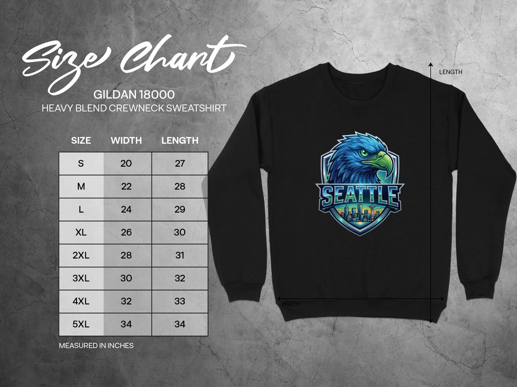Gildan 18000 heavy blend sweatshirt size chart with width and length measurements.