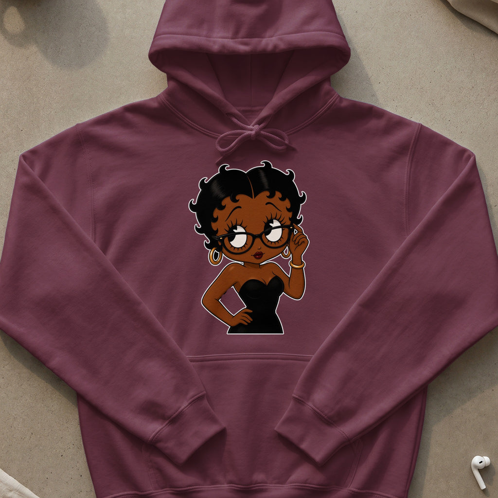 Betty Boop graphic on maroon hooded sweatshirt with black accents.