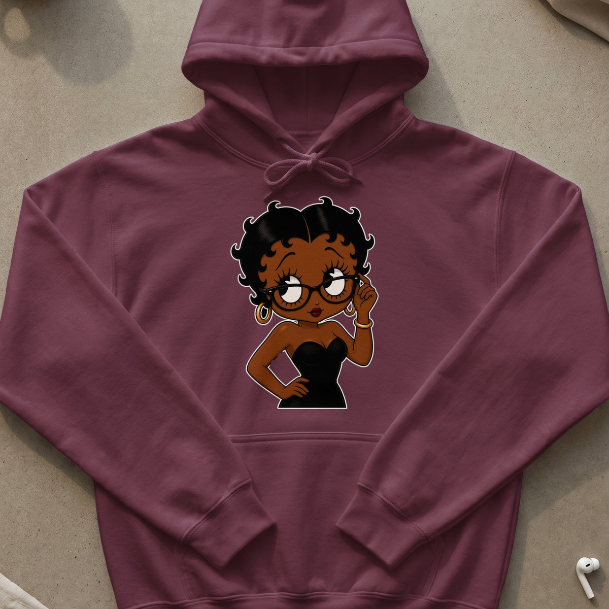 Betty Boop graphic on maroon hooded sweatshirt with black accents.