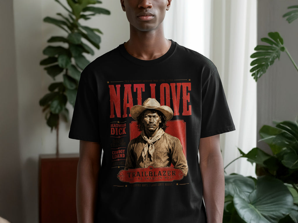 Black t-shirt with Nat Love, Deadwood Dick, and cowboy illustration.