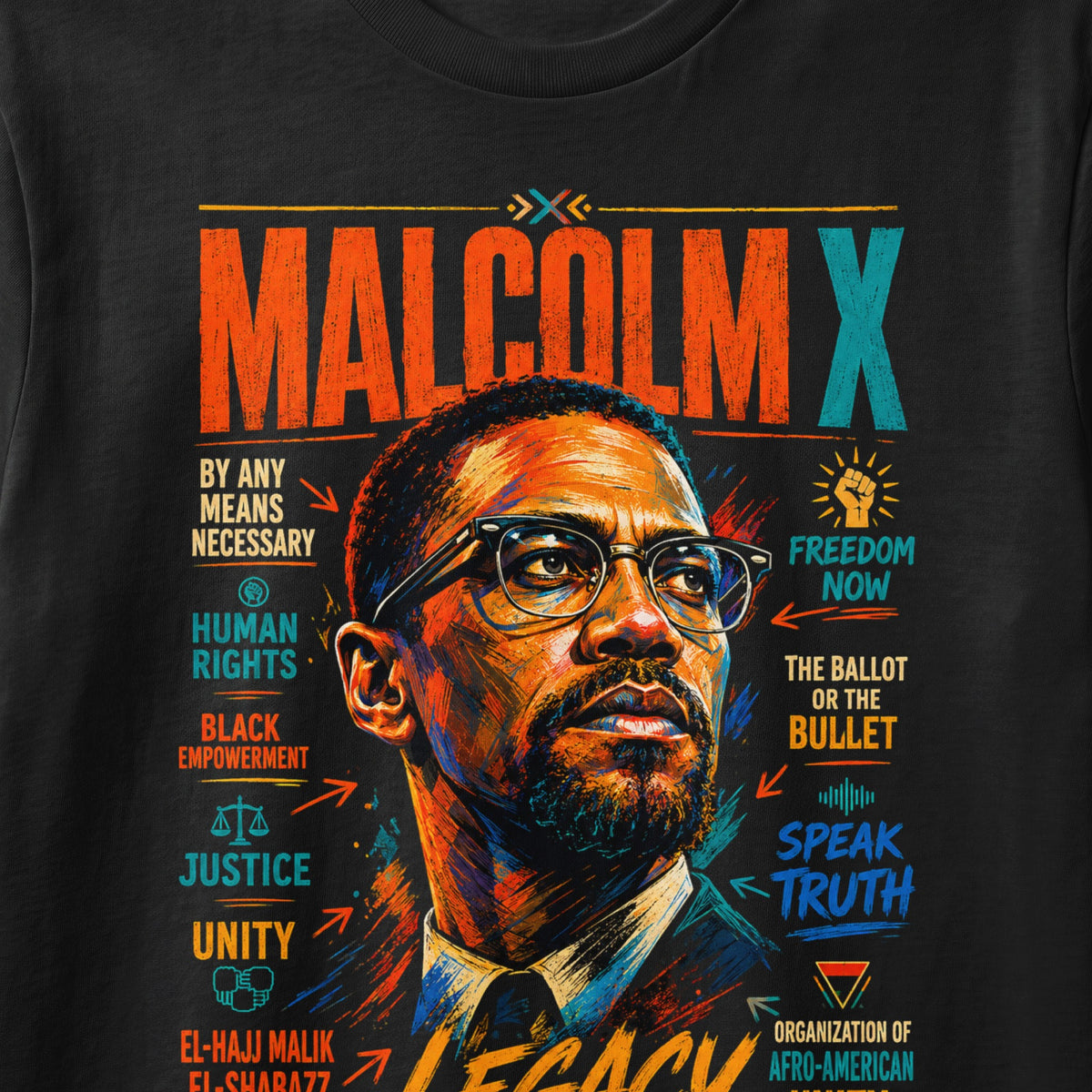 Malcolm X portrait with quotes "By Any Means Necessary" and "Freedom Now".