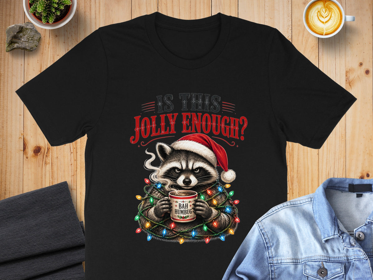 Black t-shirt with raccoon in Santa hat, Christmas lights, and "Bah Humbug" mug.